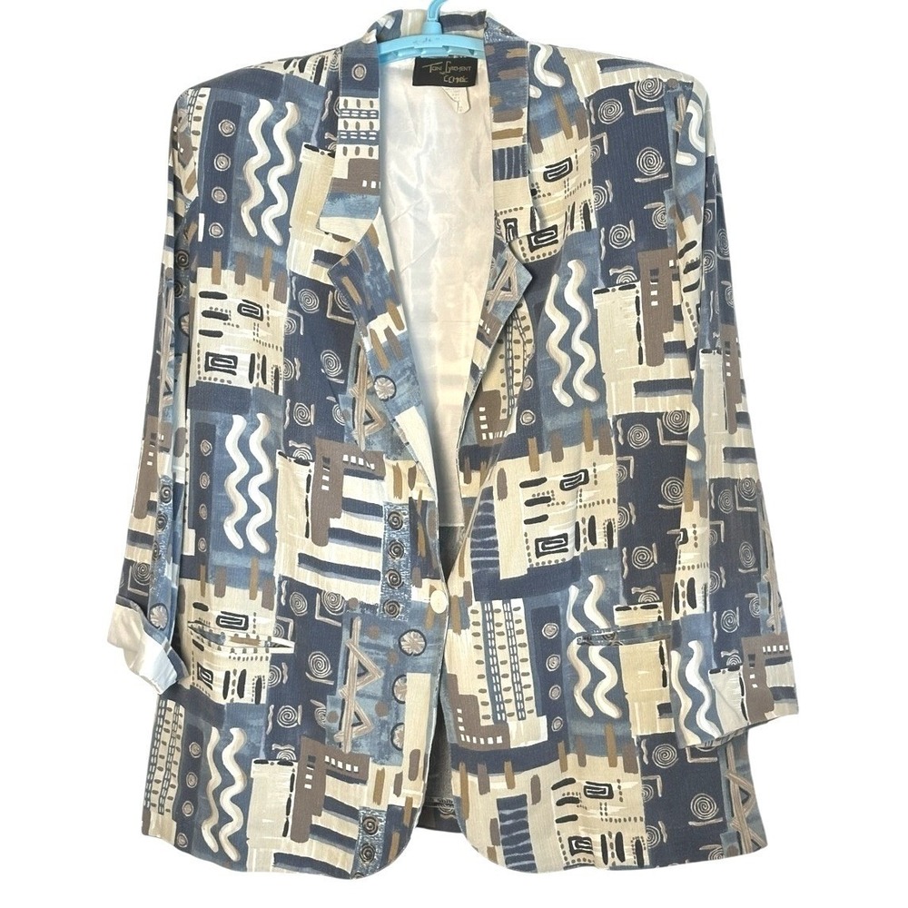 Toni Garment CC Magic Vintage Blazer Wearable Art Blue Tan Made in USA Fall 23W